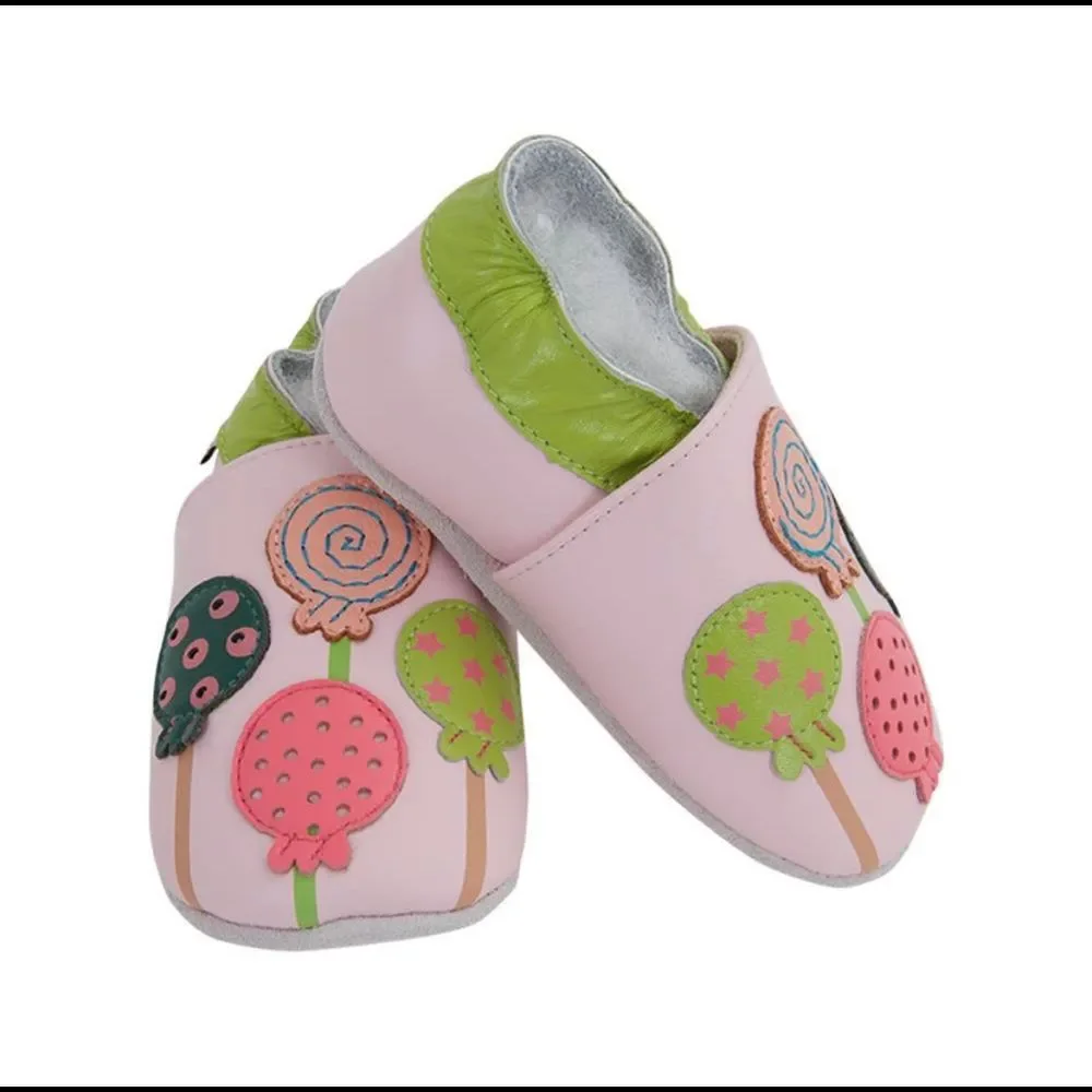Baby leather slippers - Lollipop design in pinks and green colors for fun